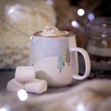 Snow scene designed mug of hot chocolate and marshmallows